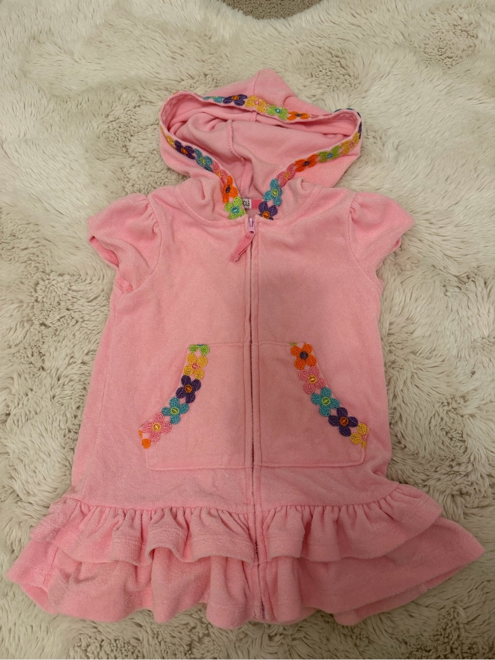 Flapdoddles Pink Hooded Dress with Floral Trim 3T